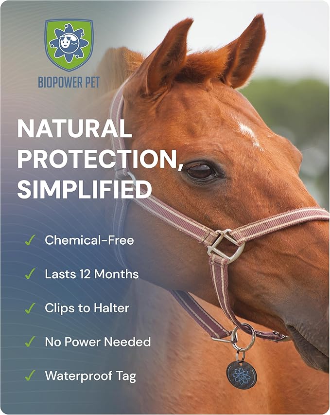 BioPower Natural Fly & Tick Repellent for Horses - Horse Shield Tag with 1-Year Bioresonance Protection – Chemical-Free, Waterproof Carbon Tag That Clips to Halter – Non-Toxic Pest Defense