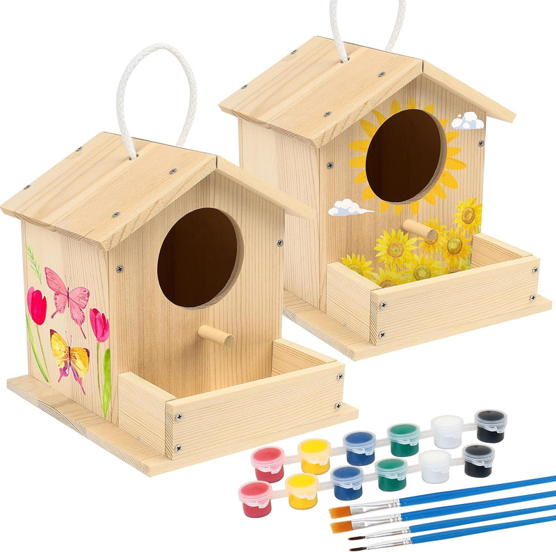 LotFancy DIY wooden birdhouse kit with pine pieces, paints and brushes