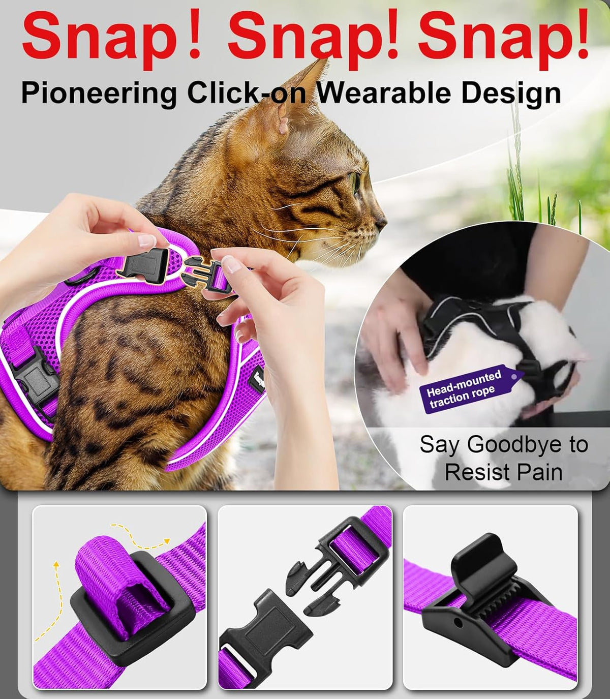 Cat Harness and Leash for Walking Escape Proof Soft Adjustable Cat - Purple / XS (4-6lb) - image 4