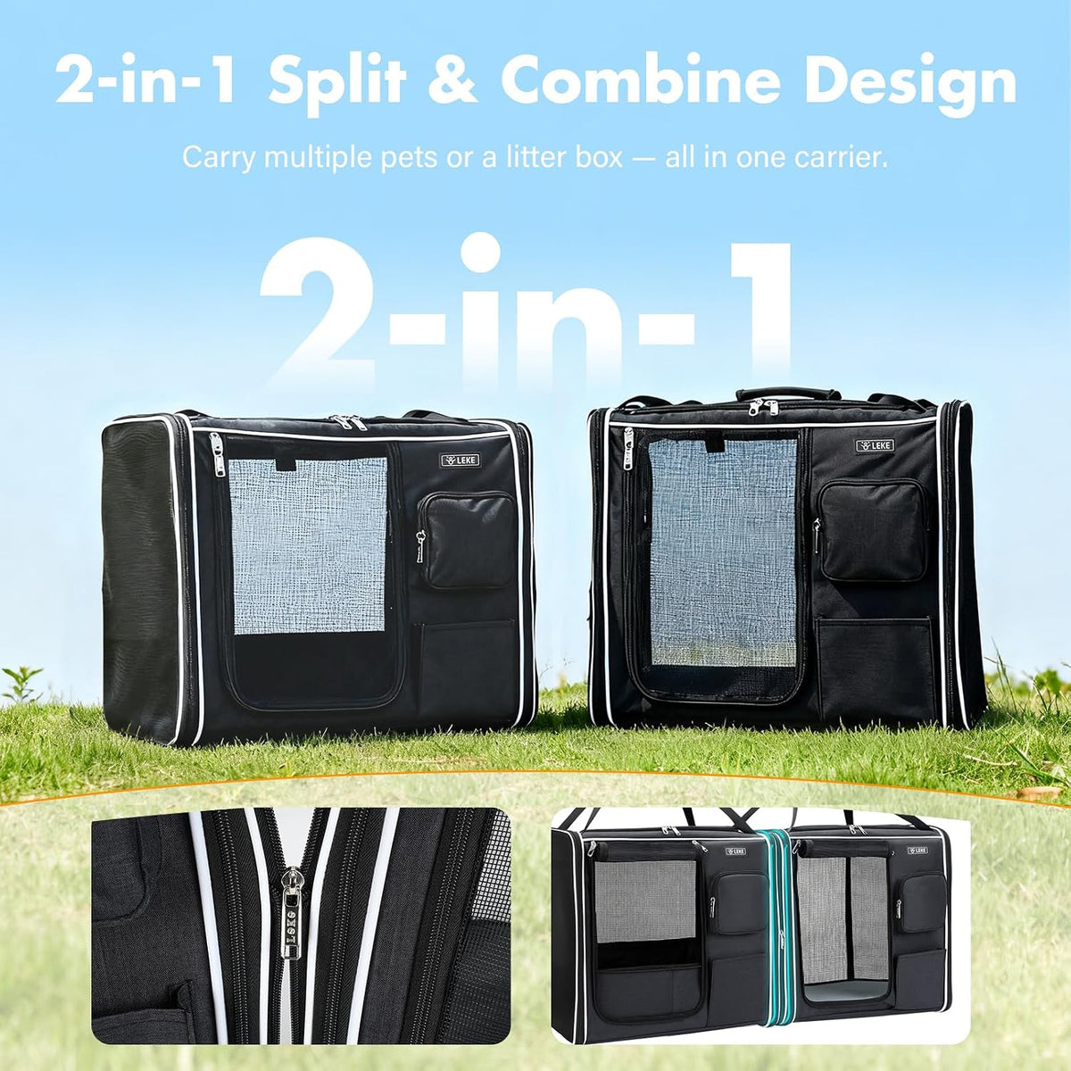 Lekereise Large Cat Carrier for 2 Cats - Foldable Black / M-2 Cats Travel - image 4