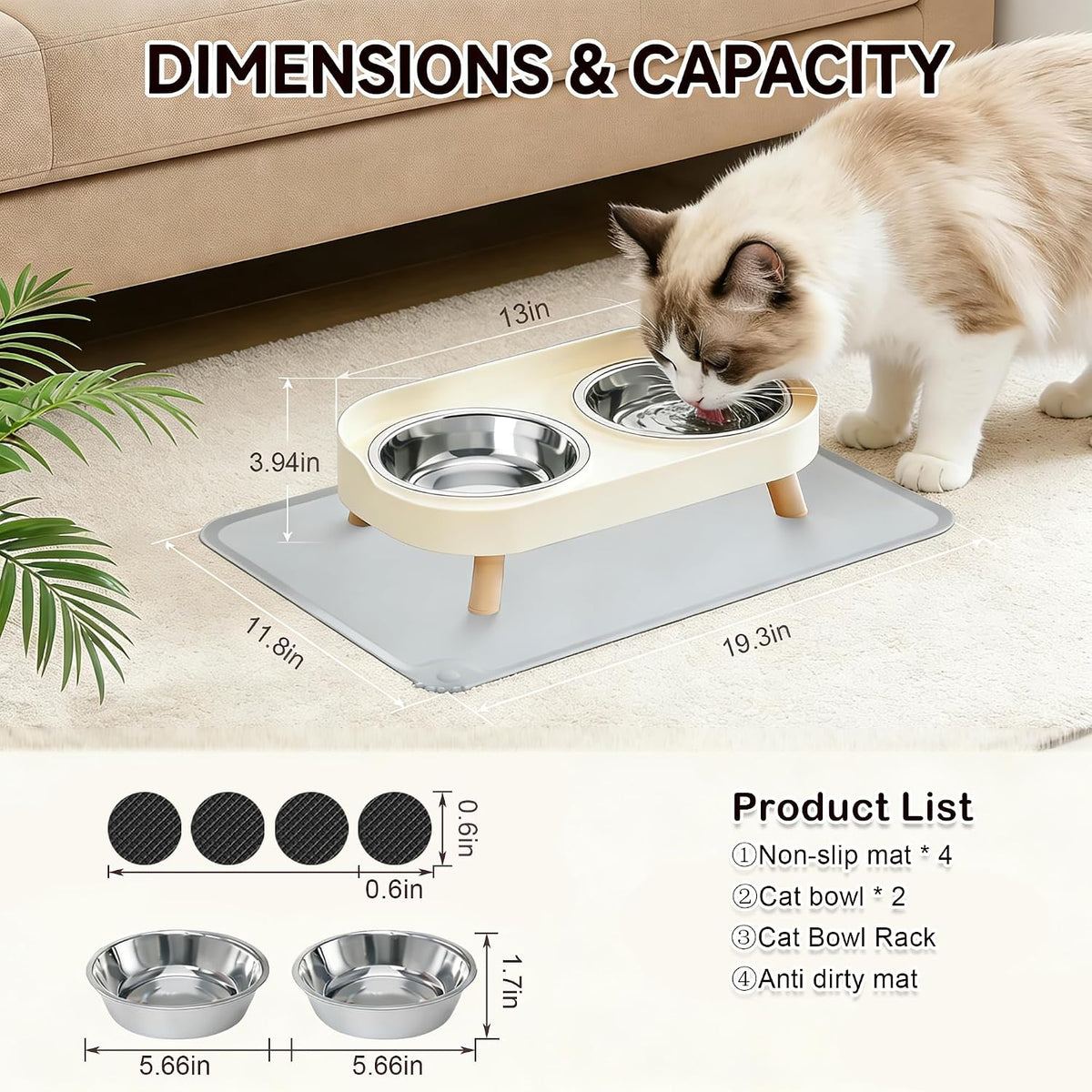 Elevated Cat Bowls with Food Mat - White - image 3