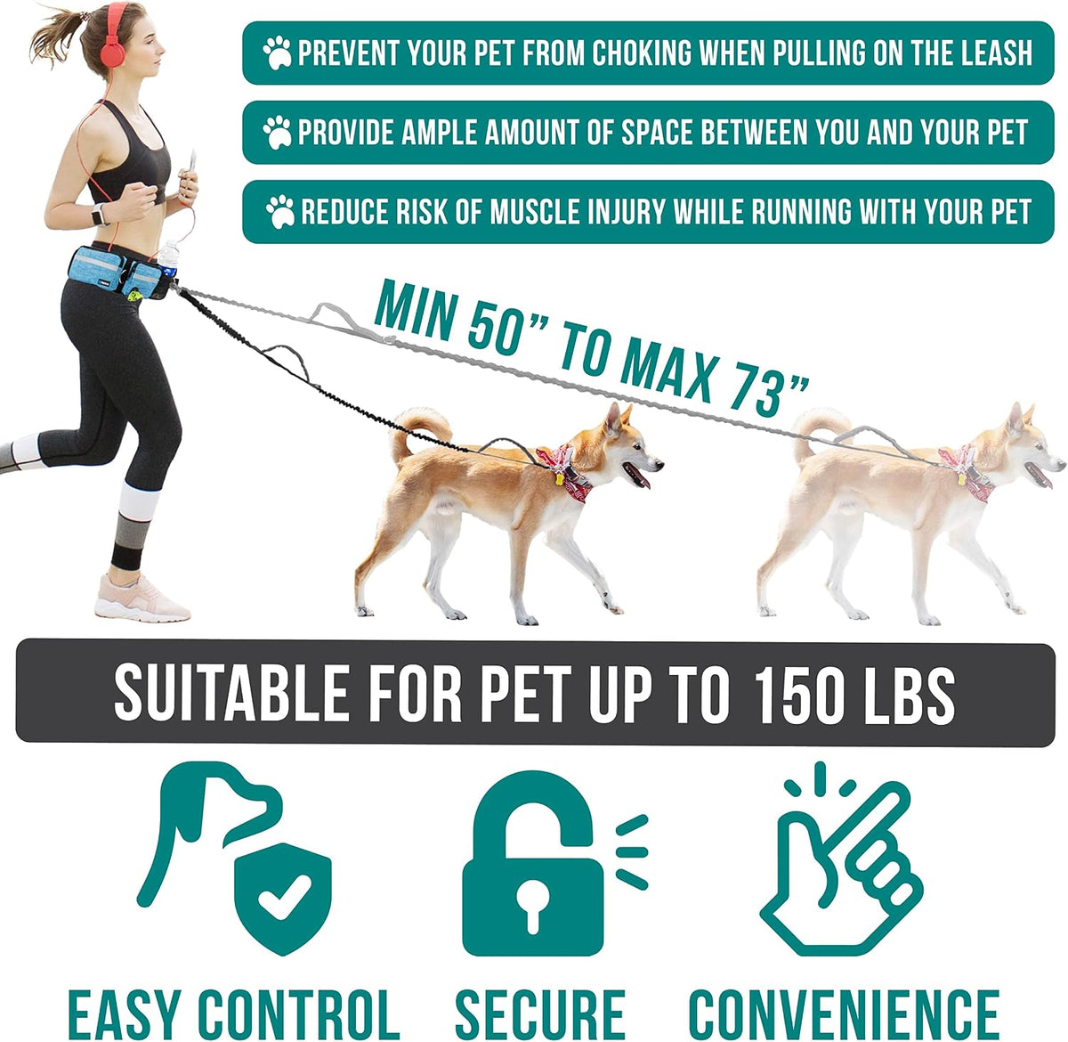 PetAmi Hands Free Dog Leash with Waist Running Belt Bag, Single – Essentials for Dogs - 1 Leash / Turquoise - image 2