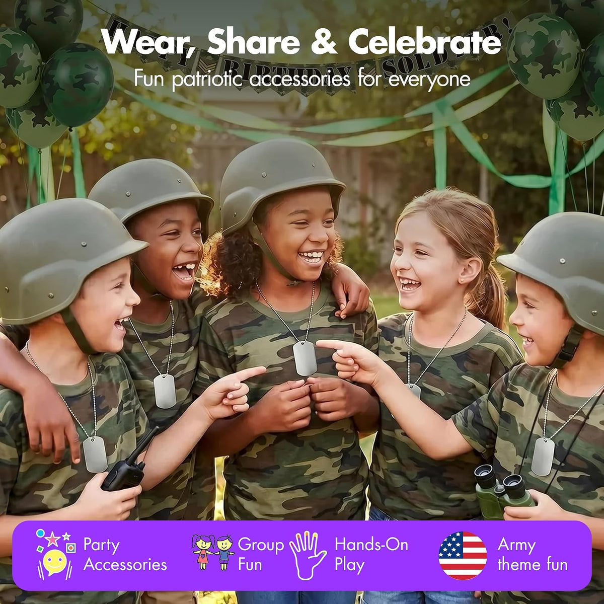 Podzly military dog tags for kids, silver metal tag on a 24 inch chain, 24 pack
