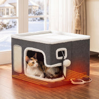 Heated Cat House Bed for Indoor Cats - Grey / Large / With Heating Pad