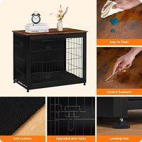 DWANTON Dog Crate Furniture with Cushion, Wooden Kennel Table with Double Doors, Indoor Dog House, Medium Size, 32.5" L, Black+Rustic Brown