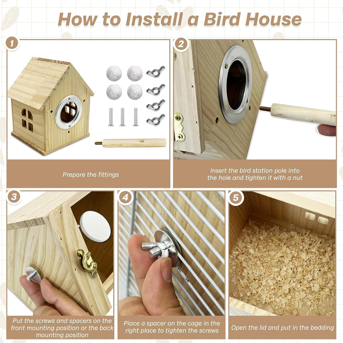 PINVNBY Parakeet Nesting Box Bird House for Cage Wood Mating Box Bird - Wood House Shape,M: 7.91*6.3*5.82 inch - image 4