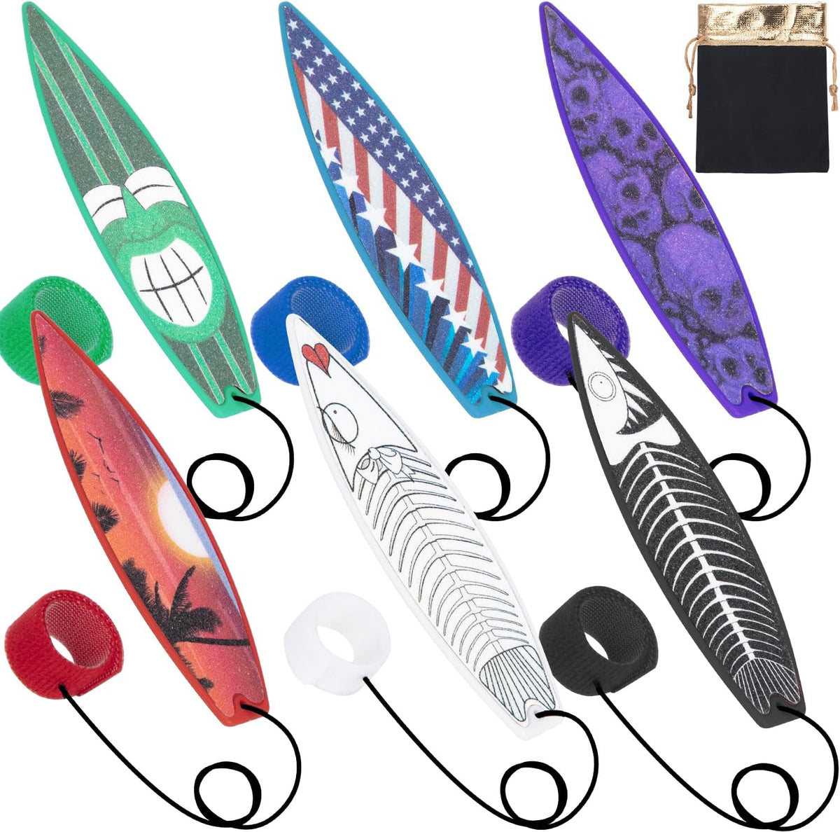 La Ken Du finger surfboards in red, green, black and white with drawstring bag