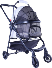 Full-Window pet Stroller 4 Wheels for Cats & Dogs - with Detachable Basket / White+Black