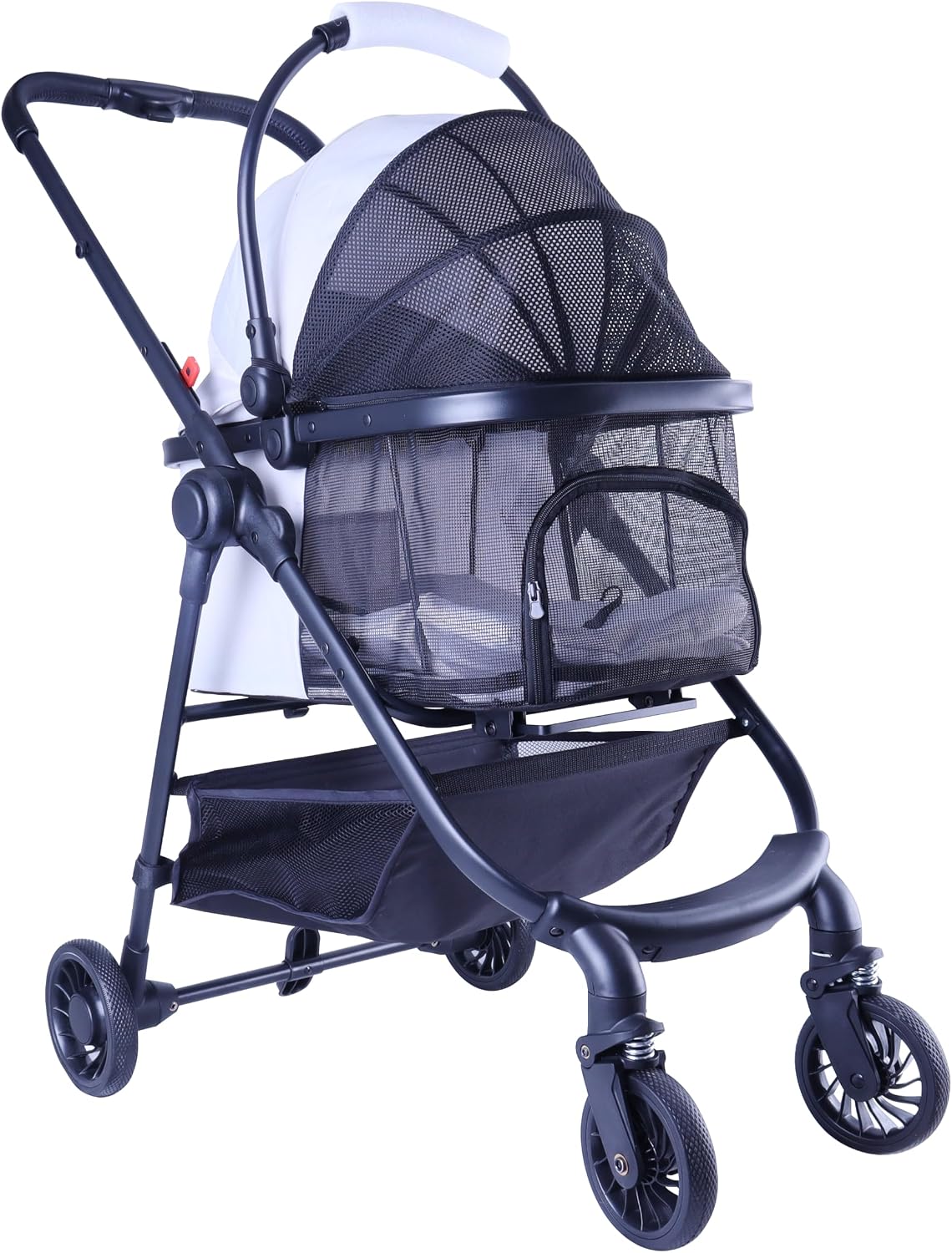 Full-Window pet Stroller 4 Wheels for Cats & Dogs - with Detachable Basket / White+Black
