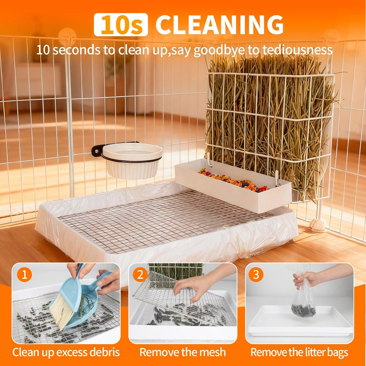 3 in 1 Guinea Pig Hay Feeder with Litter Box & Water Bowl - 10in set / White - image 2