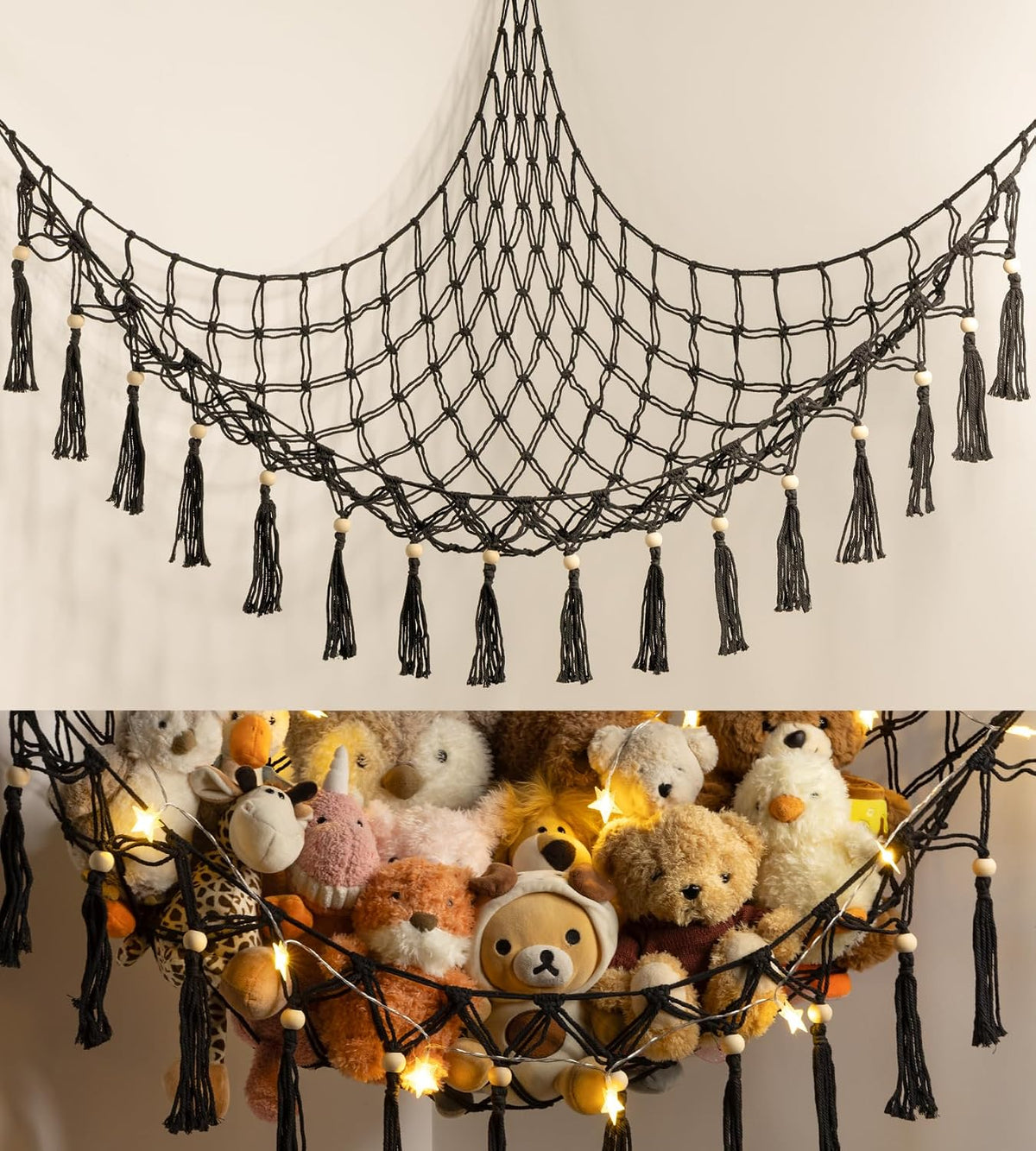Stuffed Animal Toy Storage Hammock with LED Light - Black / XL (43"*43"*55")