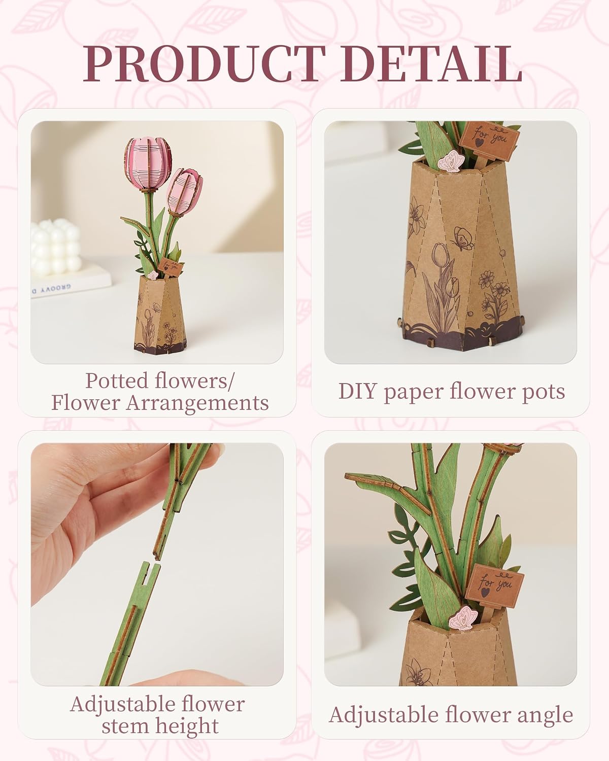 Wowood 3D wooden pink lily flower puzzle assembled model - view 36