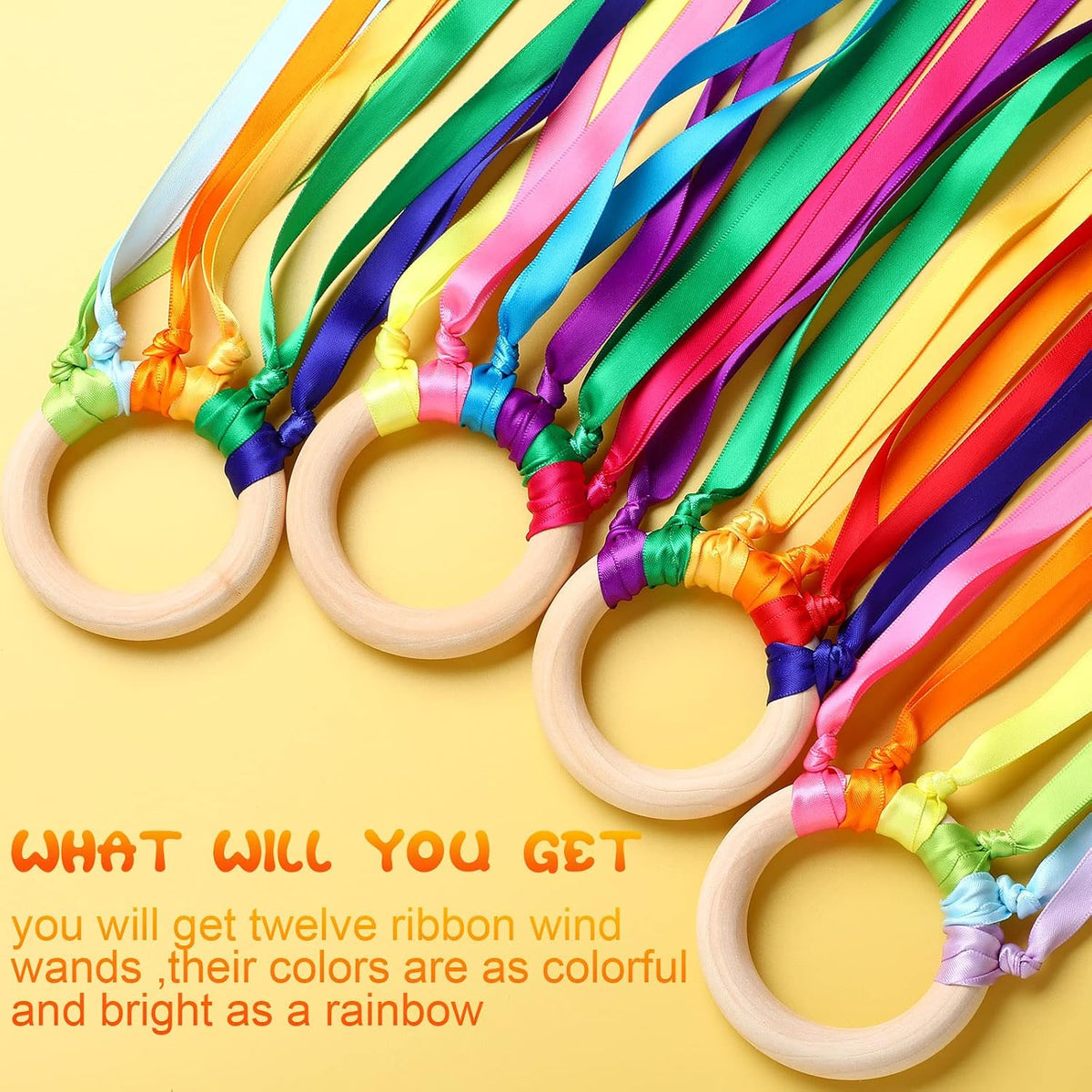 Deekin rainbow ribbon rings, wooden Waldorf hand kites with bright streamers - view 15