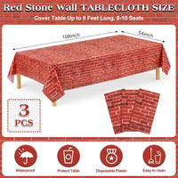 NatNarr 3 Pack Wood Grain Plastic Tablecloths - Red Stone Wall - image 2