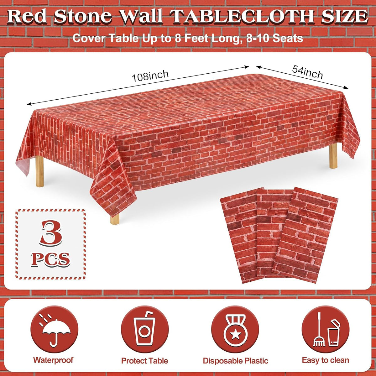 NatNarr 3 Pack Wood Grain Plastic Tablecloths - Red Stone Wall - image 2