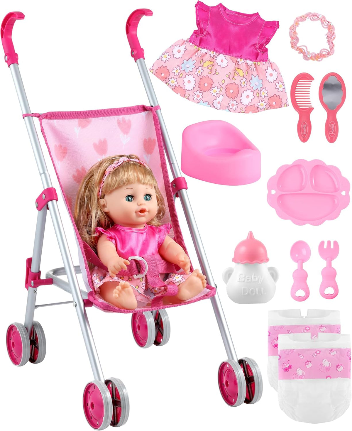 GAGAKU foldable baby doll stroller with 12 inch doll and care accessories - view 6