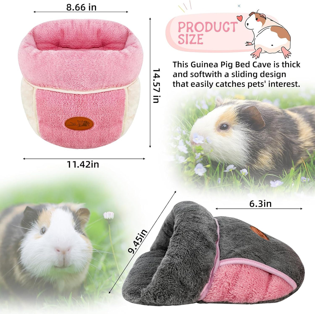 YUEPET Guinea Pig Bed Cuddle Cave, Warm Fleece Hideout - 2PCS(Grey+Pink) / 2PCS - image 3