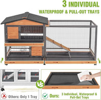 GUTINNEEN 2-Story Rabbit Hutch with Chew-Proof Full Metal Frame for Indoor/Outdoor - 62" Bunny Cage with 6 Locking Casters & 2 Pull-Out Trays for Rabbits, Guinea Pigs, Small Pets (Brown)