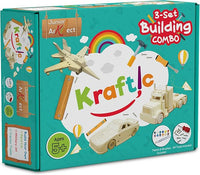 Kraftic Woodworking Building Kit for Kids and Adults, 3 Educational DIY Carpentry Construction Wood Model Kit Toy Projects for Boys and Girls - Build a Wooden Military Jet Race Car and Tractor Trailer