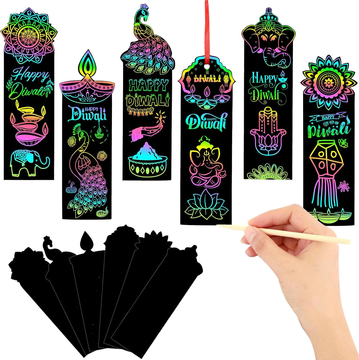 JUNEBRUSHS rainbow scratch art bookmarks with bamboo scratch sticks and colored satin ropes - view 2
