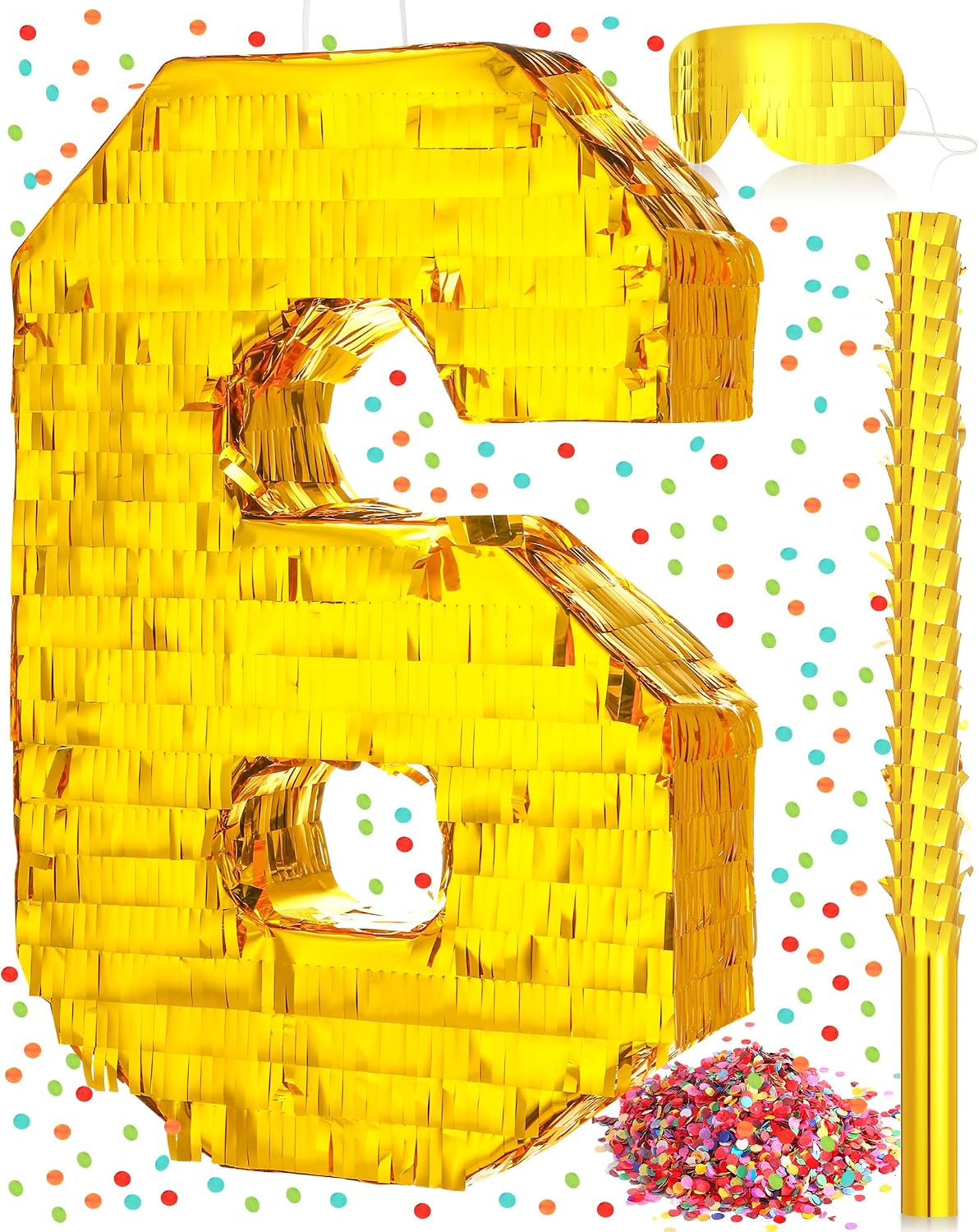 Sratte gold foil number piñata set with gold blindfold, piñata stick and bag of confetti - view 3