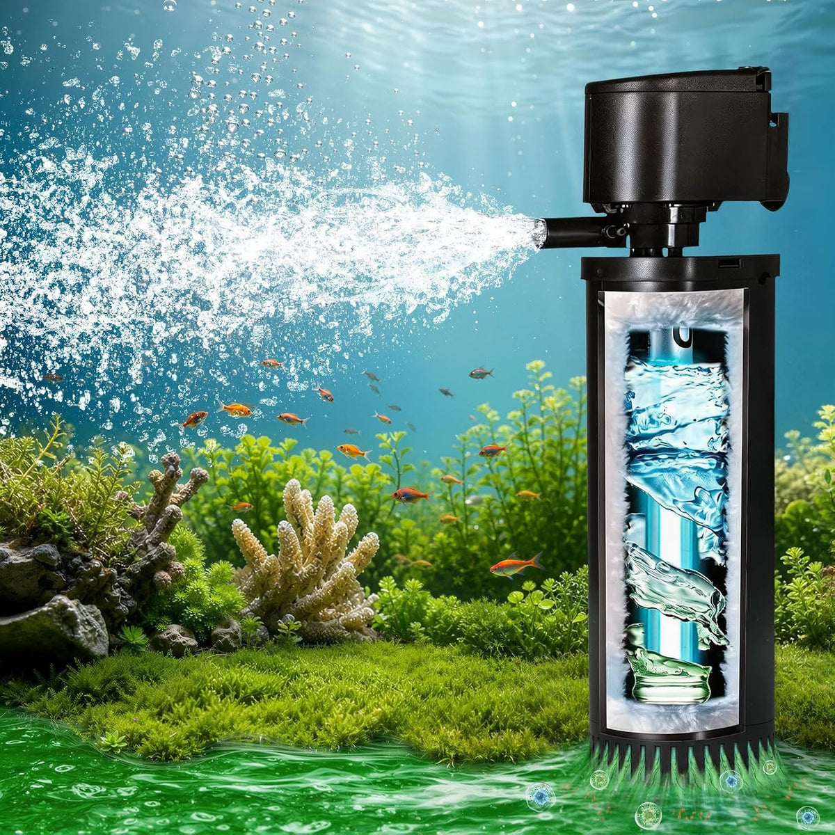 200GPH Aquarium Filter, U-V for Aquarium for 20-75 Gal Tank - Aquarium Filter for 55-150 Gallon / Black