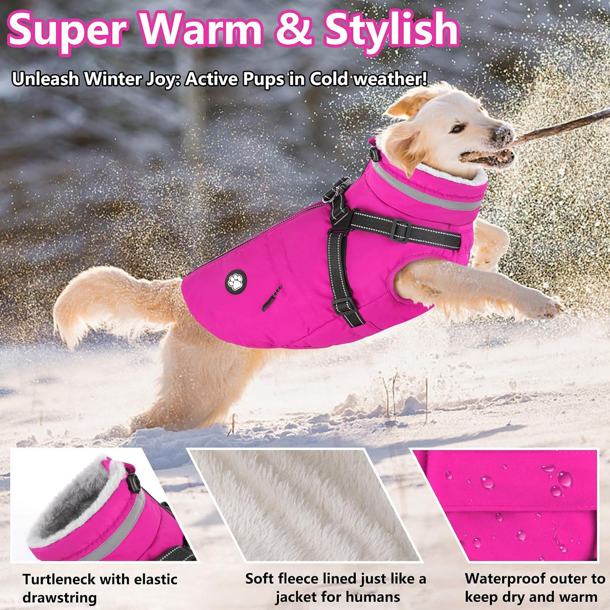 Dogcheer waterproof fleece dog coat with built-in harness and zipper - view 3