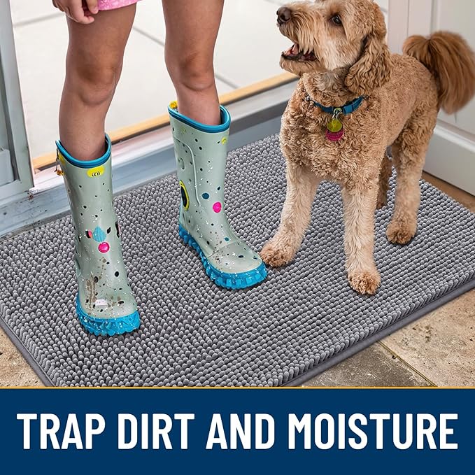 Smiry Dog Door Mat for Muddy Paws 44x24, Absorbs Moisture and Dirt Doormat, Non-Slip Washable Quick Dry Chenille Front Door Mat Indoor Entrance, Entryway Carpet for Inside Floor, Grey