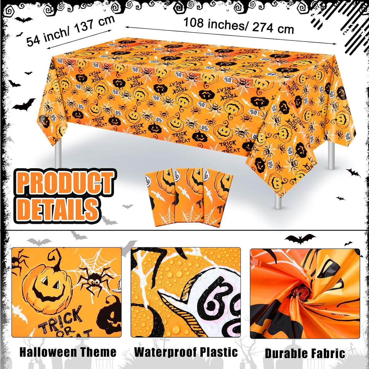 Newwiee 3 pack Halloween plastic tablecloths with candy corn print, 108 x 54 inches - view 14
