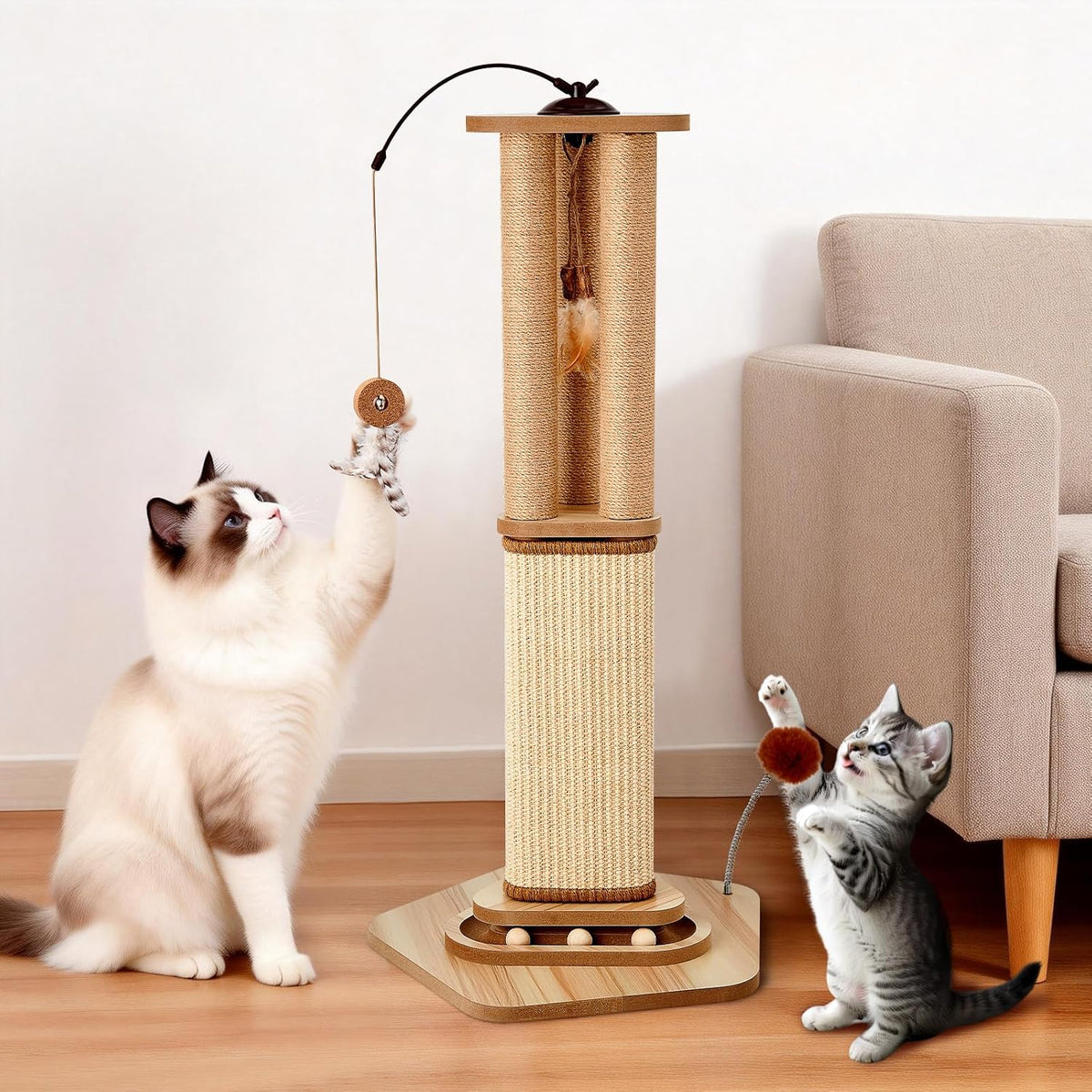 Odoland 34 Inch Cat Scratching Post for Large Cats with 4 Interactive