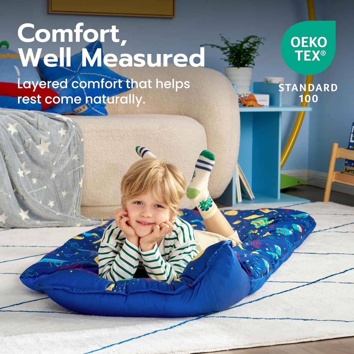 JOIEDOMI Toddler Nap Mat with Removable Pillow and Minky Blanket - Deep Blue Universe - image 3