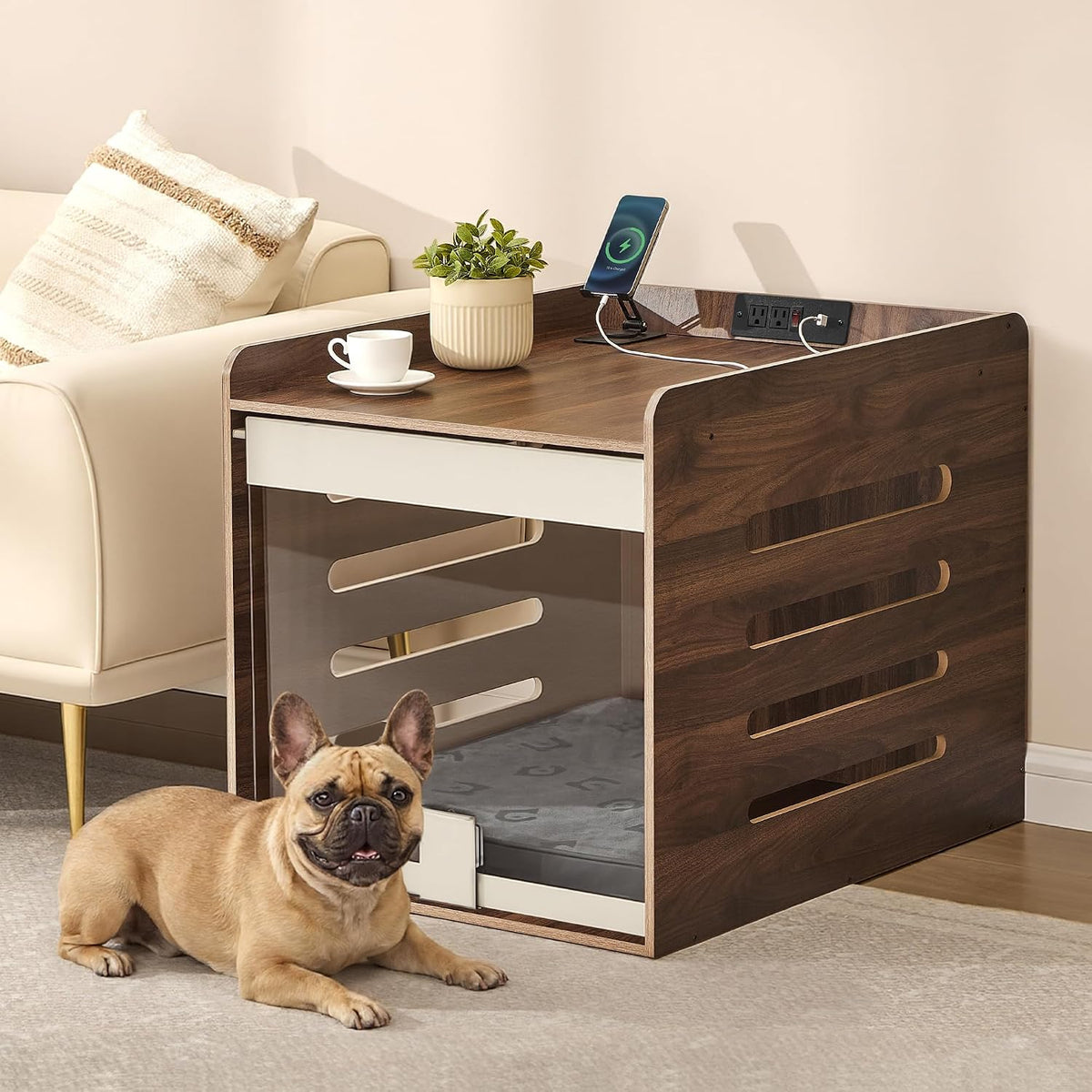 Feandrea Dog Crate Furniture, Flip-Up Hidden Acrylic Door - Natural Walnut / 23.8"L x 31.5"W x 24.8"H