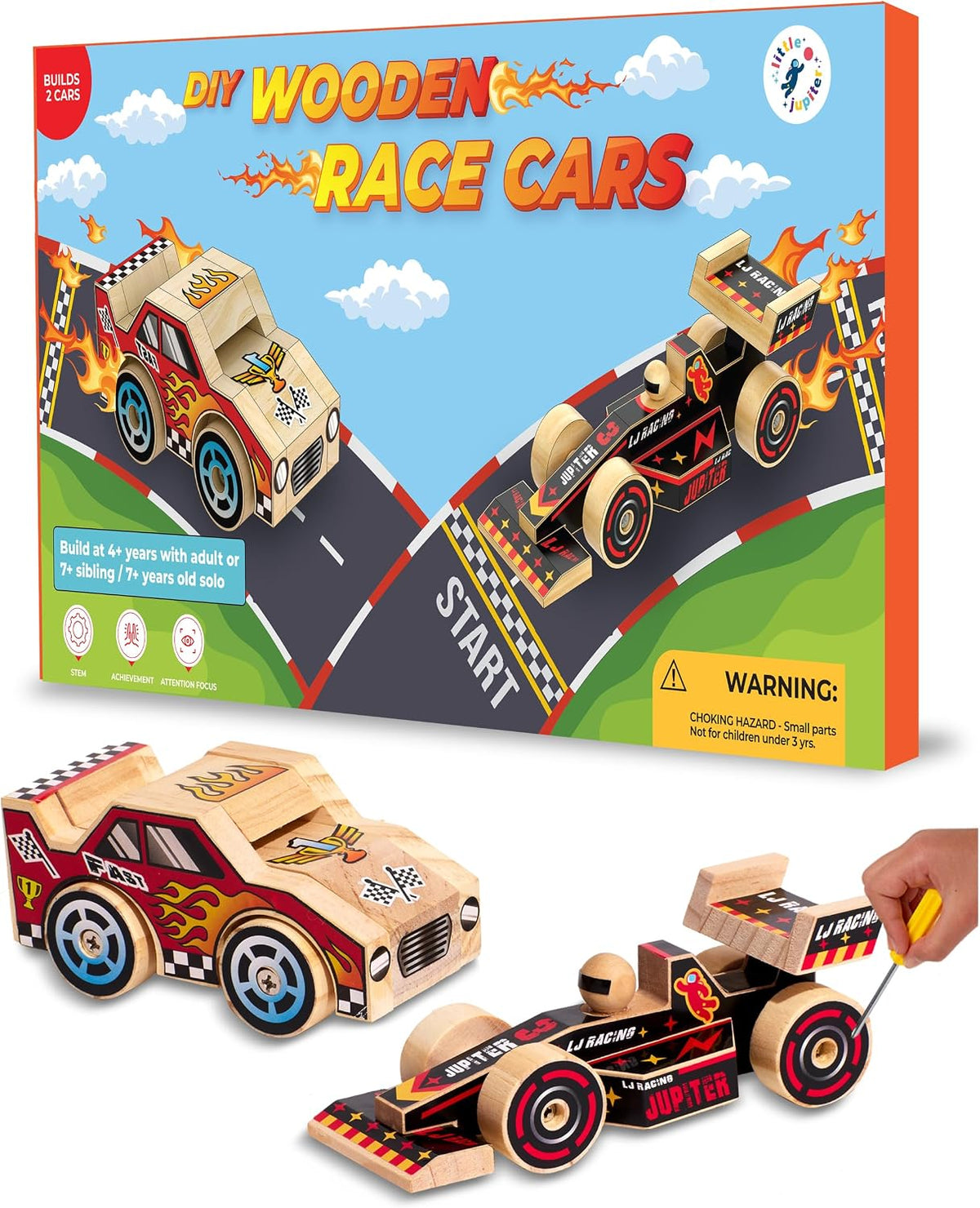 Little Jupiter DIY Wooden Kits w/Stickers, Kids Building Kit - Open and Closed Wheel Race Cars