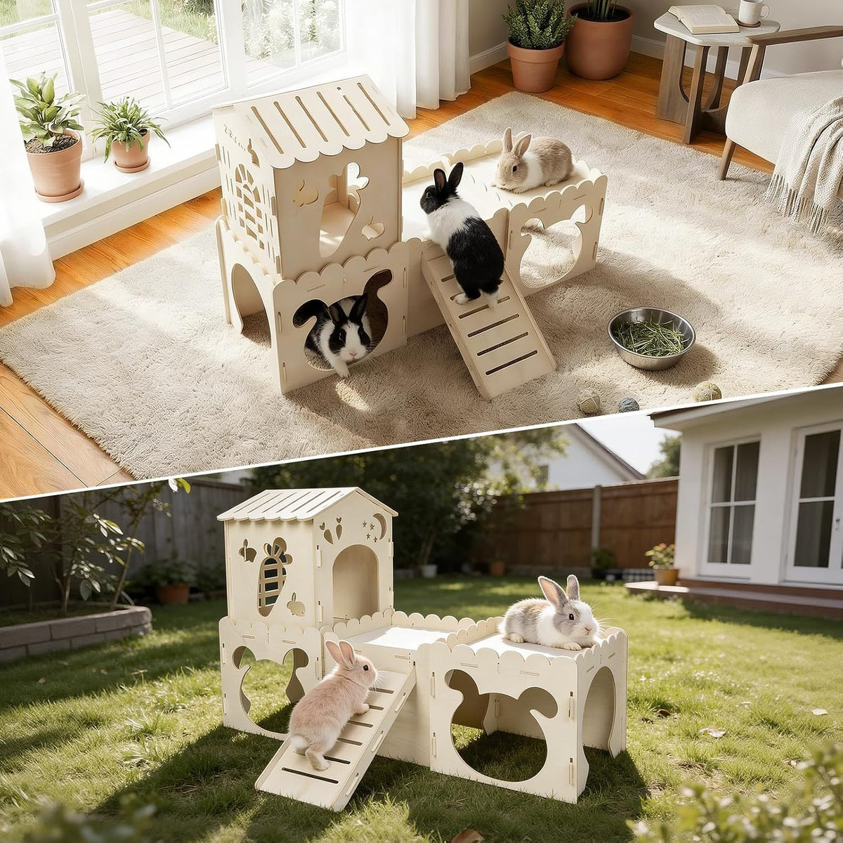 Large Rabbit House, Wooden Bunny Castle with 3 Houses Indoor - 4 Houses - image 2