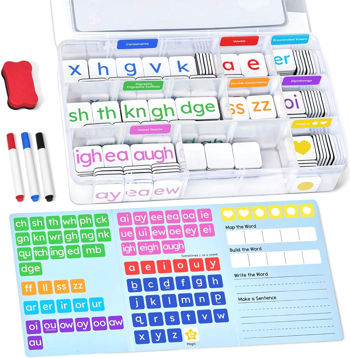 JoyCat 265 magnetic phonics letter tiles with color-coded tiles and word folder