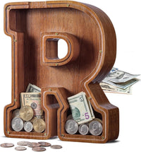 KMC wooden letter piggy bank, oak initial coin bank with clear plexiglass front - view 3