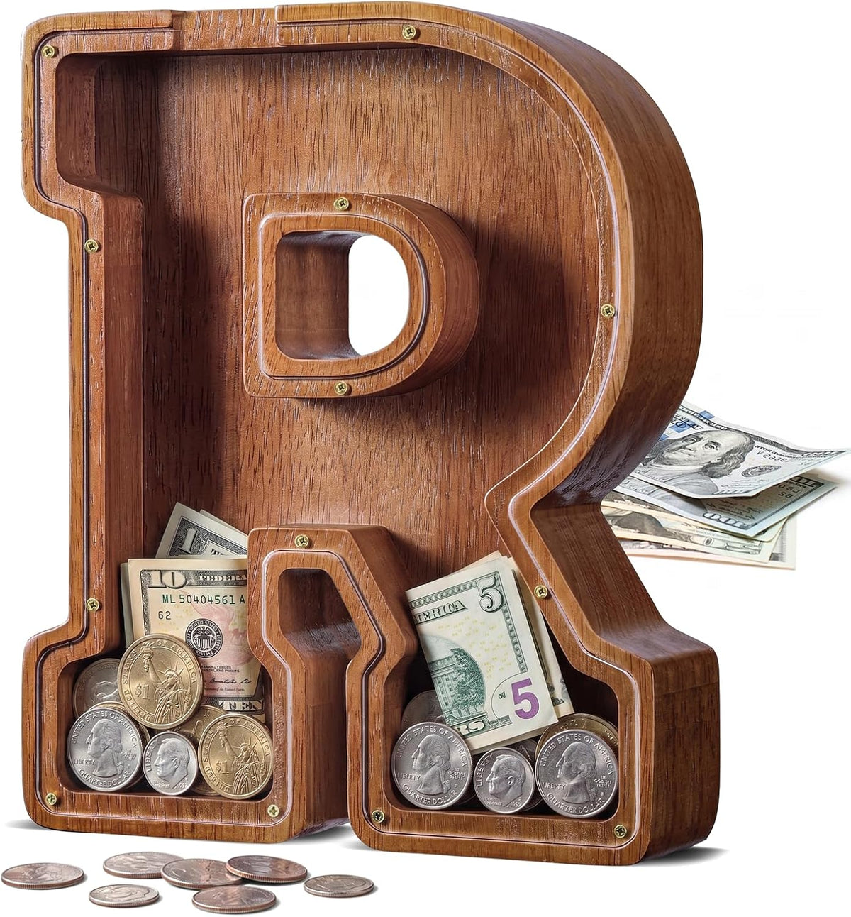 KMC wooden letter piggy bank, oak initial coin bank with clear plexiglass front - view 3