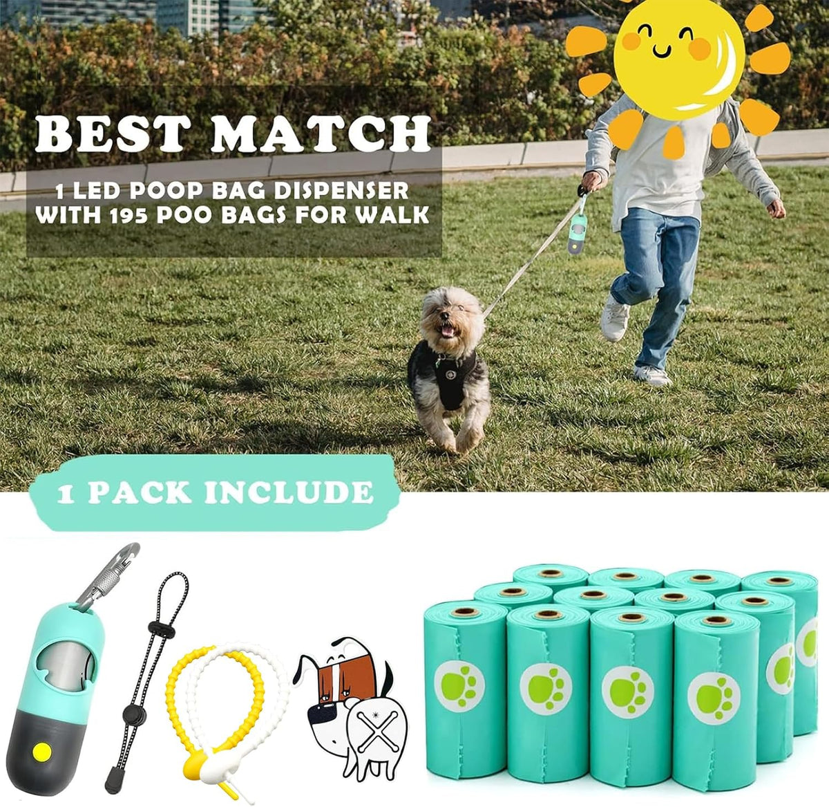 Dog Poop Waste Bags Holder with LED Flashlight - 1 Count (Pack of 13) / Mint Green - image 2