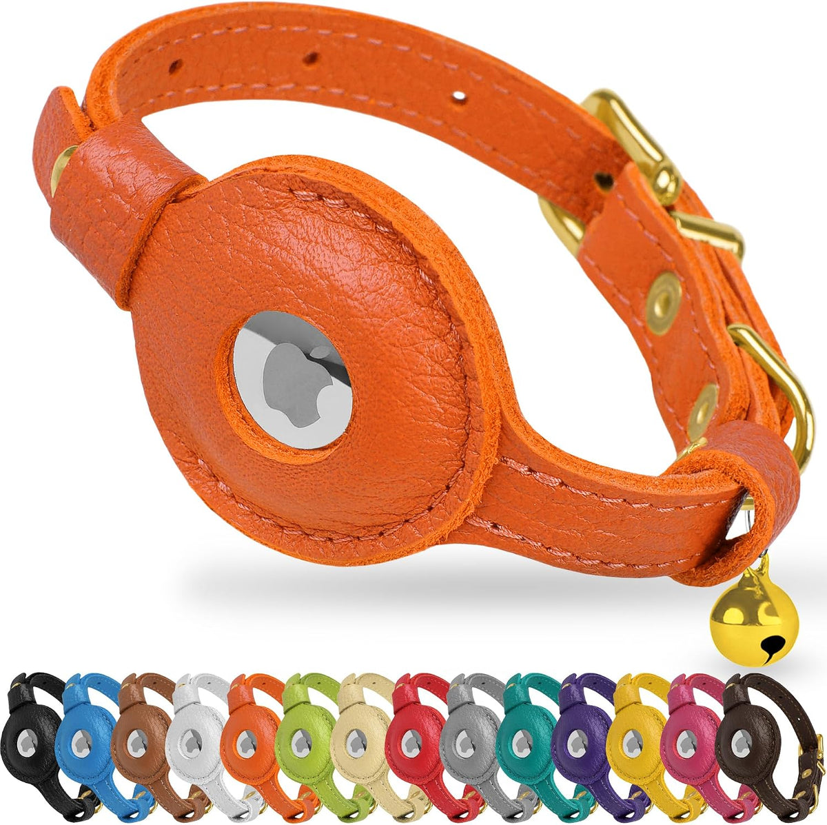 OOPSDOGGY Leather AirTag Cat Collar with Bell - Orange