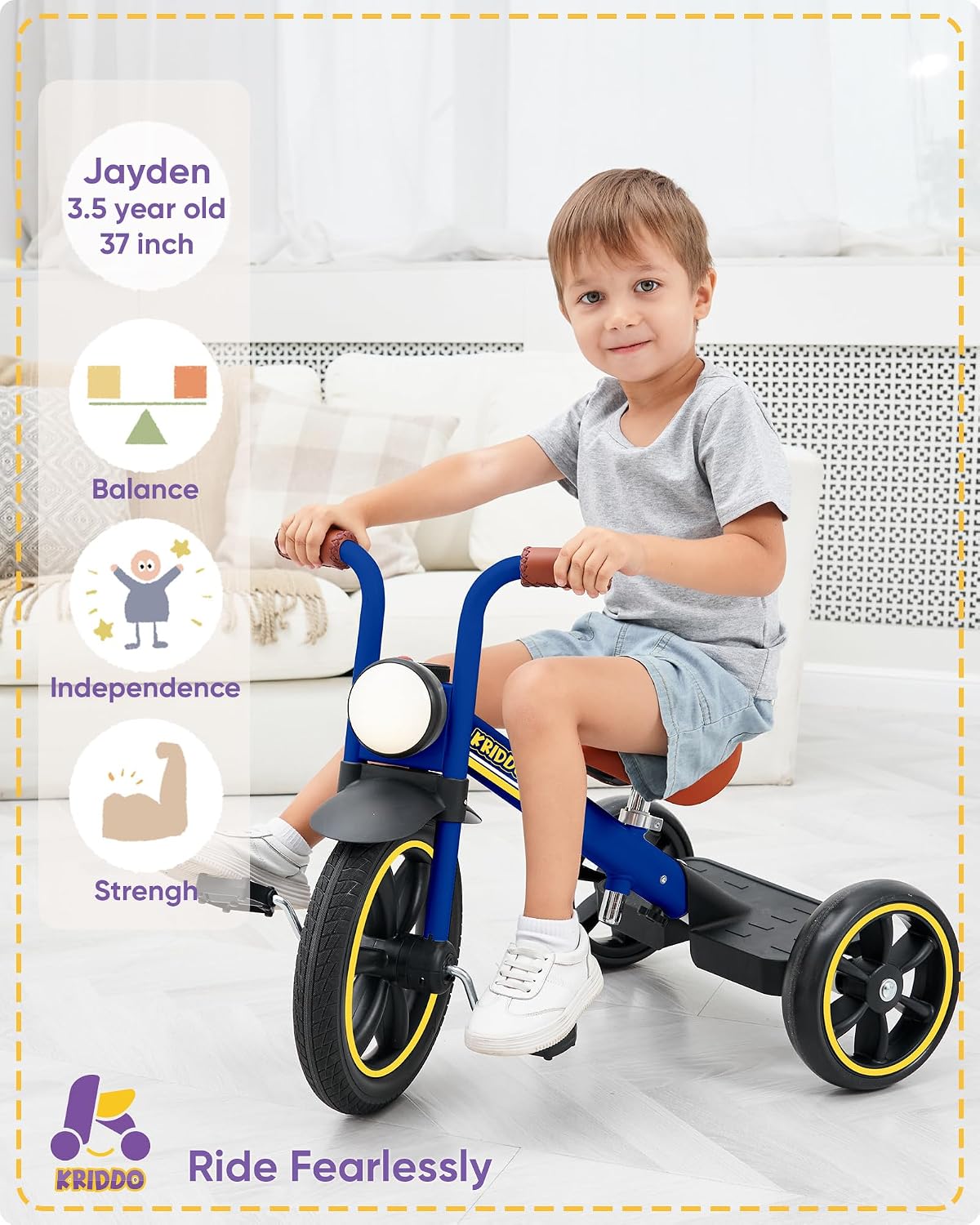 KRIDDO Tricycle for Toddlers 2-5 Years: Rubber Front Wheel - Blue - image 2