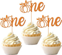 24 PCS Pumpkin Oh Baby Cupcake Toppers Glitter Fall Theme pumpkin - Design 6-orange