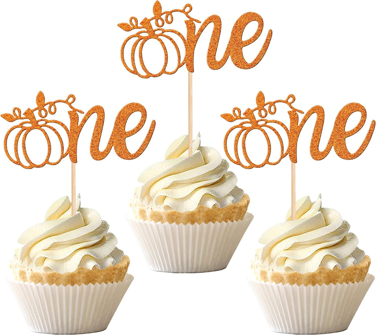 24 PCS Pumpkin Oh Baby Cupcake Toppers Glitter Fall Theme pumpkin - Design 6-orange