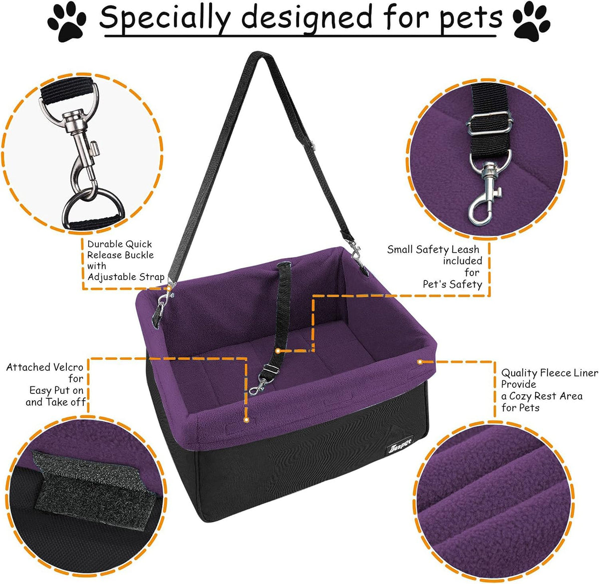 Jespet Dog Booster Seat for Cars, Travel Carrier with Seat Belt – Essentials for Dogs - Purple-16 L x 13" D x 9" H - image 3