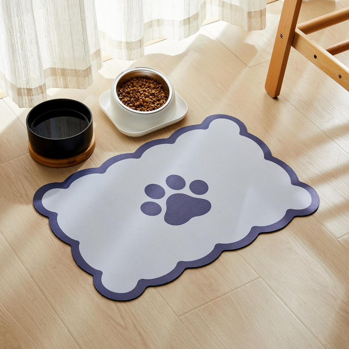 Scalloped Dog Feeding Mat, Beige White, 14" X 19” – Essentials for Dogs - Navy / 19"L x 14"W