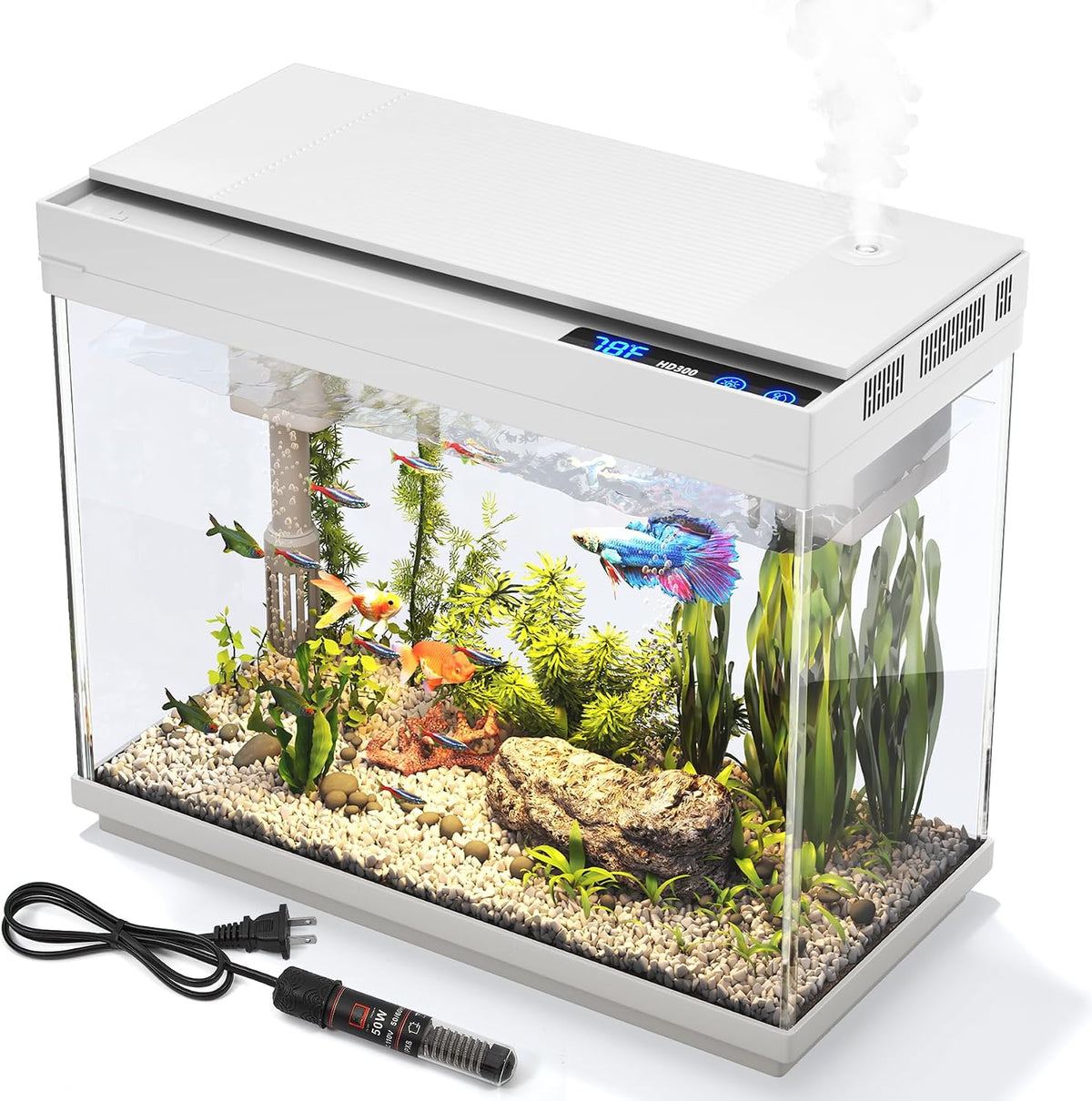 Fish Tank, 2.4-Gallon Aquarium Starter Kit with 3-in-1 Quiet Pump – Essentials for Fish - Heat White