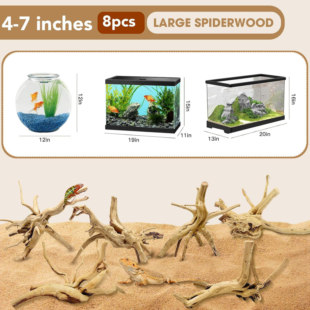 Natural Aquarium Driftwood for Fish Tank Reptile Terrariums Decor – Essentials for Fish - Spiderwood 4 to 8 Inch (Pack of 8) - image 2