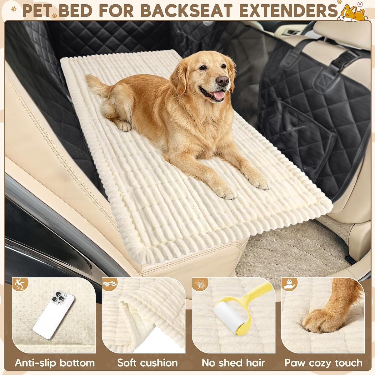 Dog Car Bed, Non-Slip Backseat Dog Bed Mat 50" L×24.6" W – Essentials for Dogs - Beige / Medium (50"L×24.6"W) - image 3