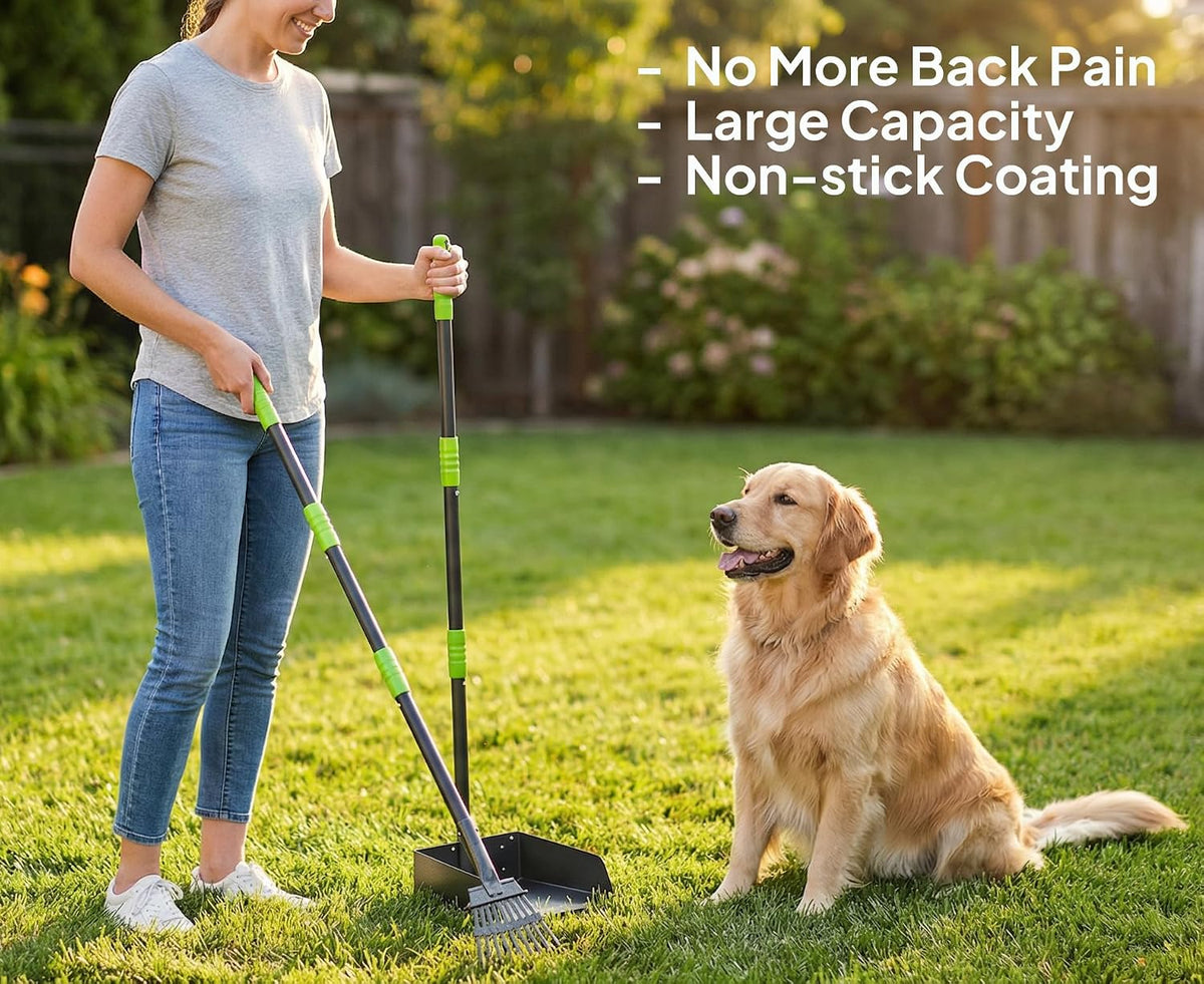 Pooper Scooper for Dogs, Metal Poop Scooper Tray and Rake Set with Adjustable Long Handle, Dog - Black & Green - image 3