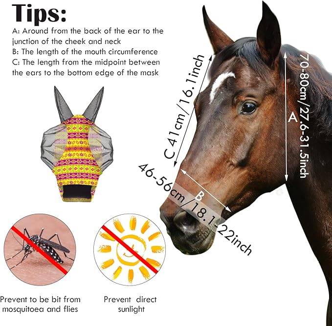 Chunful 6 Pcs Horse Fly Masks with Ears Smooth and Comfortable Cashel Mesh Fly Mask Elasticity Breathability UV Protection Horse Face Covering for Riding Supplies(Geometric,Medium)