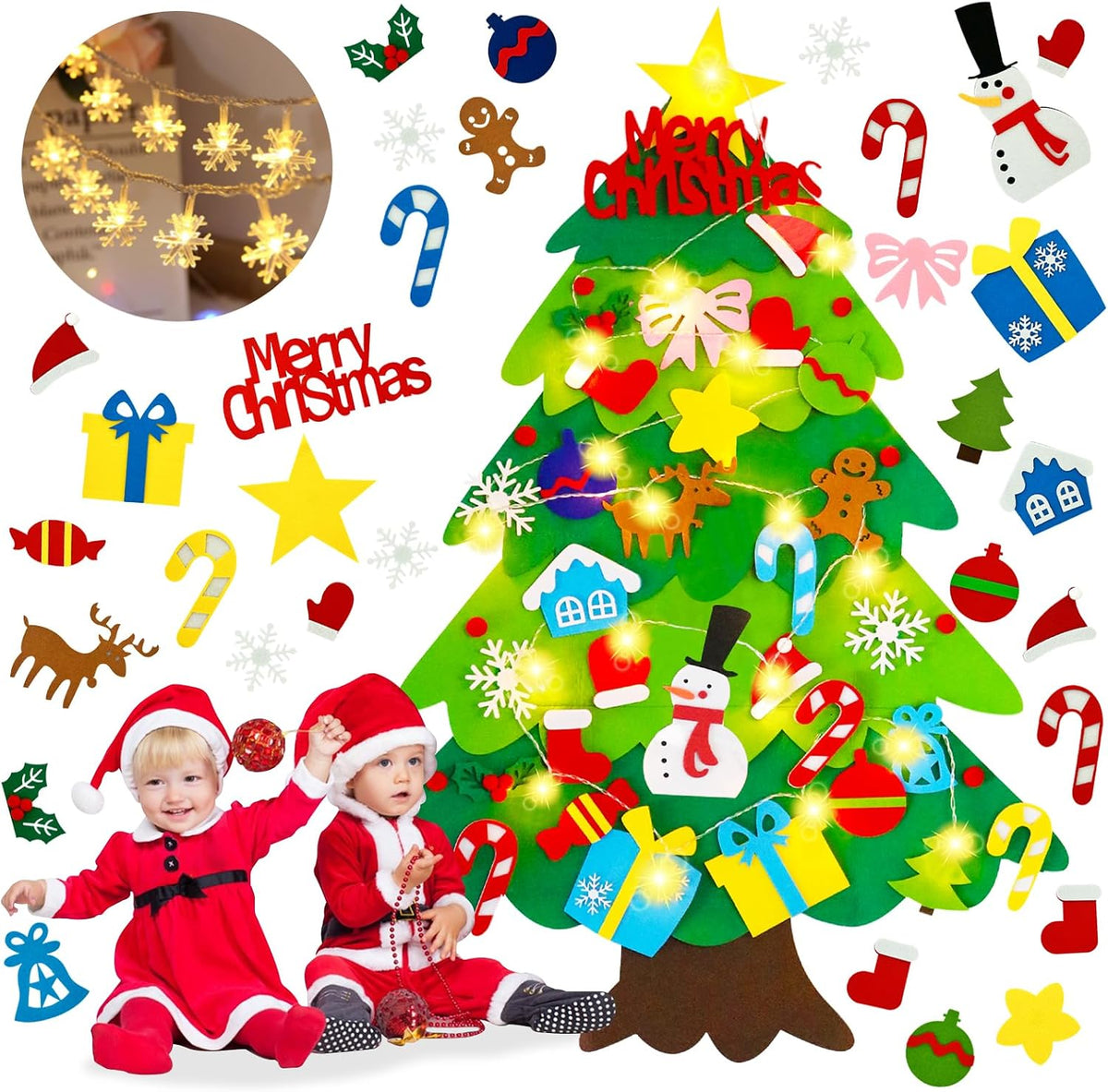 Felt Christmas Tree for Toddlers with Snowflake Light + 32 Ornament - A-Warm Light